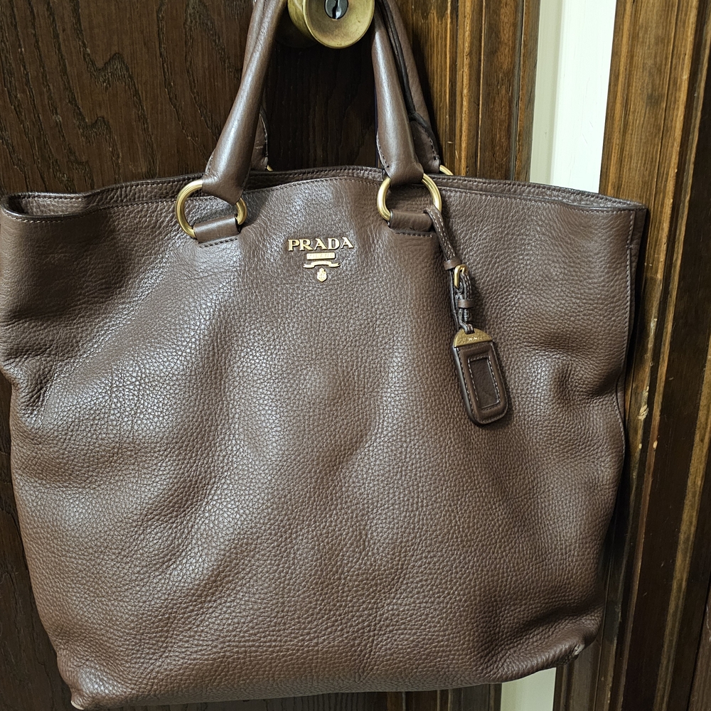 Prada Chocolate Brown Pebbled Leather Tote with Gold Hardware. Open To Offer